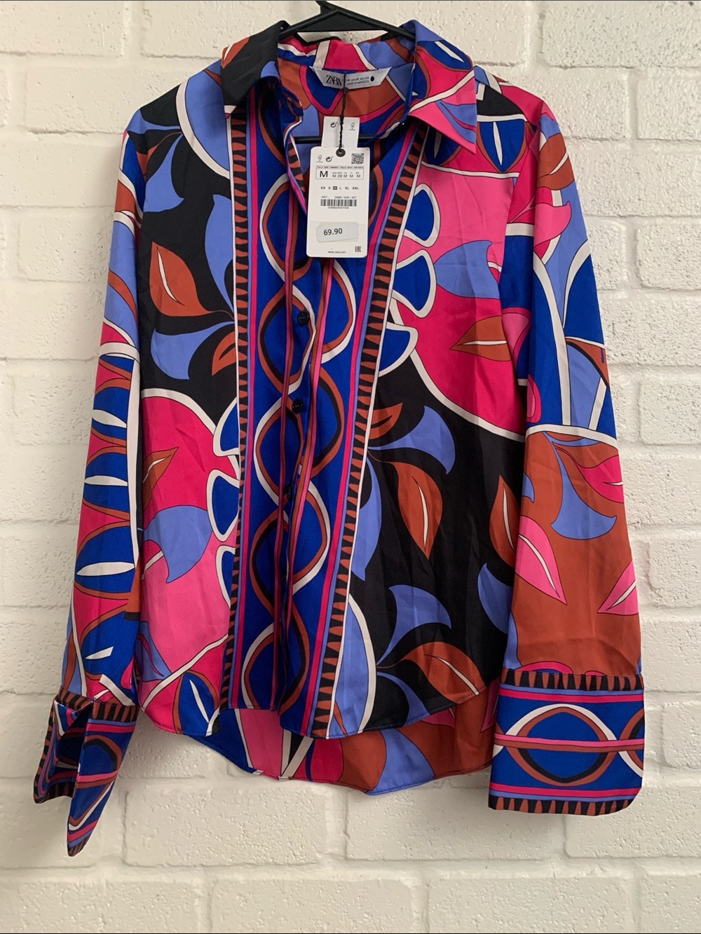 Zara Colorblock Retro Print Button-Down Shirt - Pink, Blue, Black